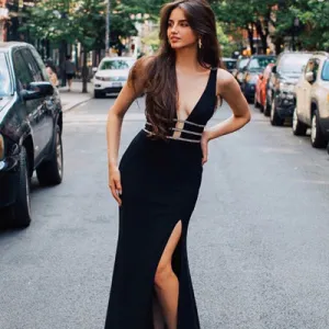 Sheath V-Neck Floor Length Black Satin Prom Dresses,Cheap Prom Dresses,PDY0277