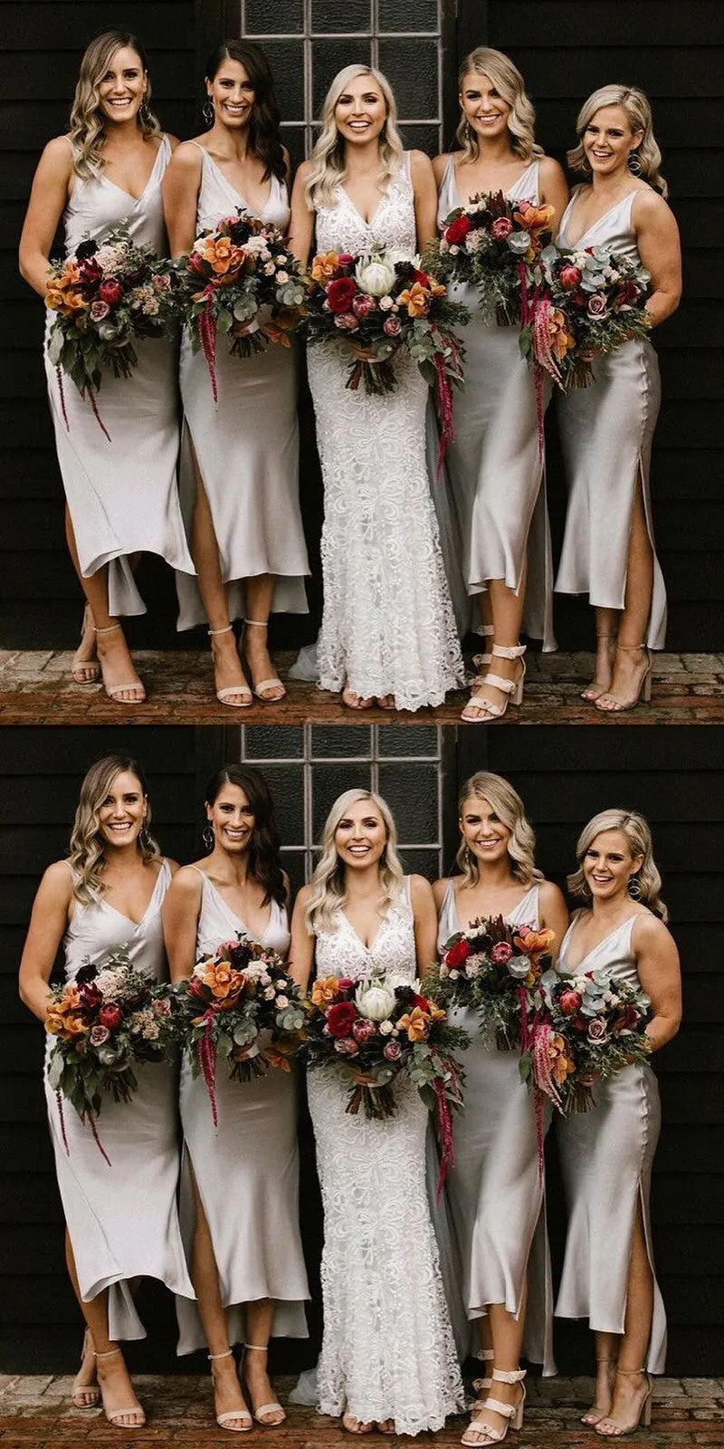 Sheath V-neck Simple Cheap Silver Short Bridesmaid Dresses With Split, BD0599