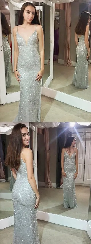 Shiny Mermaid Spaghetti Sheath Silver Long Sexy Prom Dress OKG35