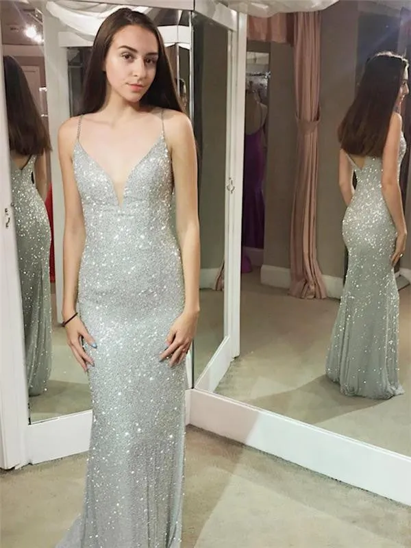 Shiny Mermaid Spaghetti Sheath Silver Long Sexy Prom Dress OKG35