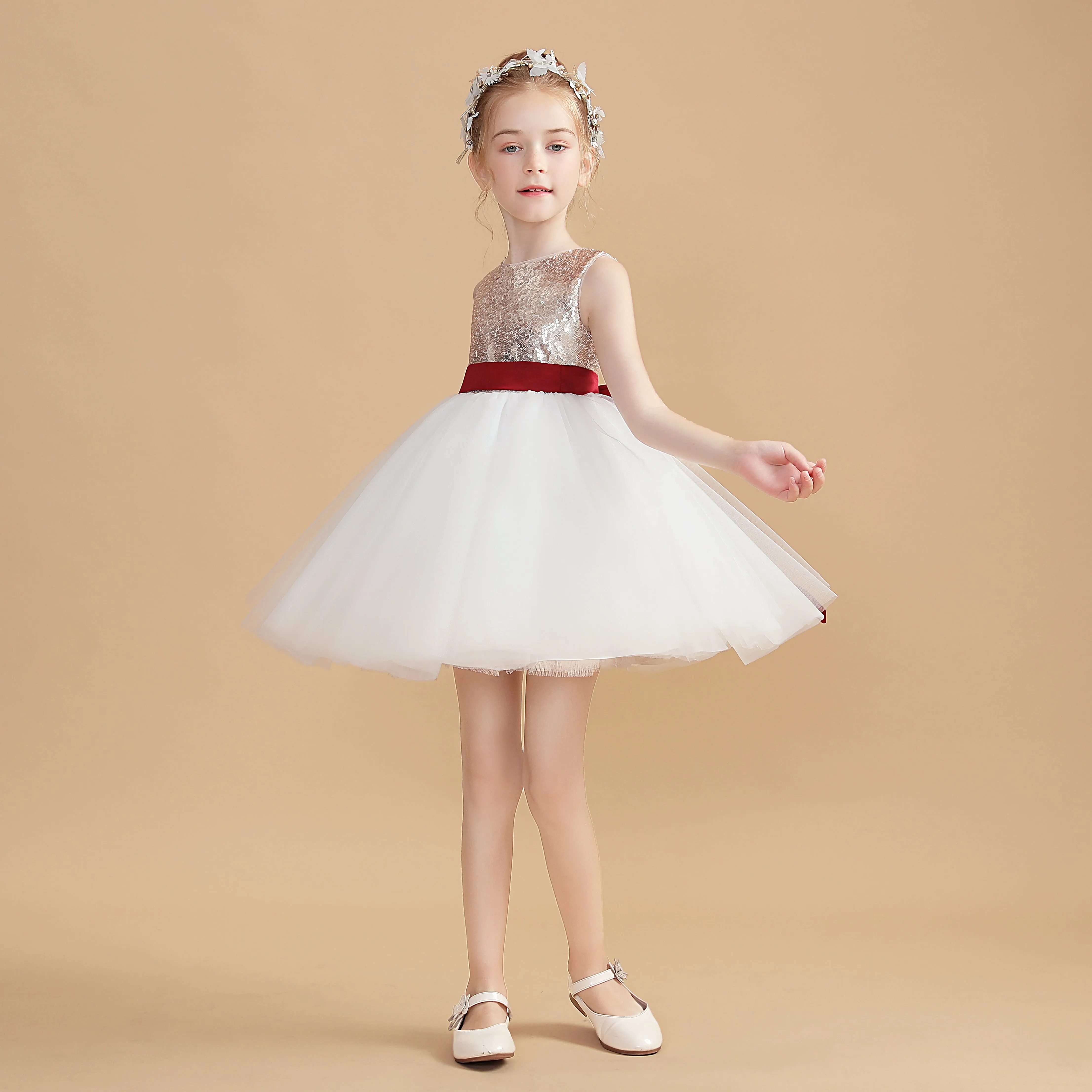 Short Gold Sequins Flower Girl Dresses With White Tulle