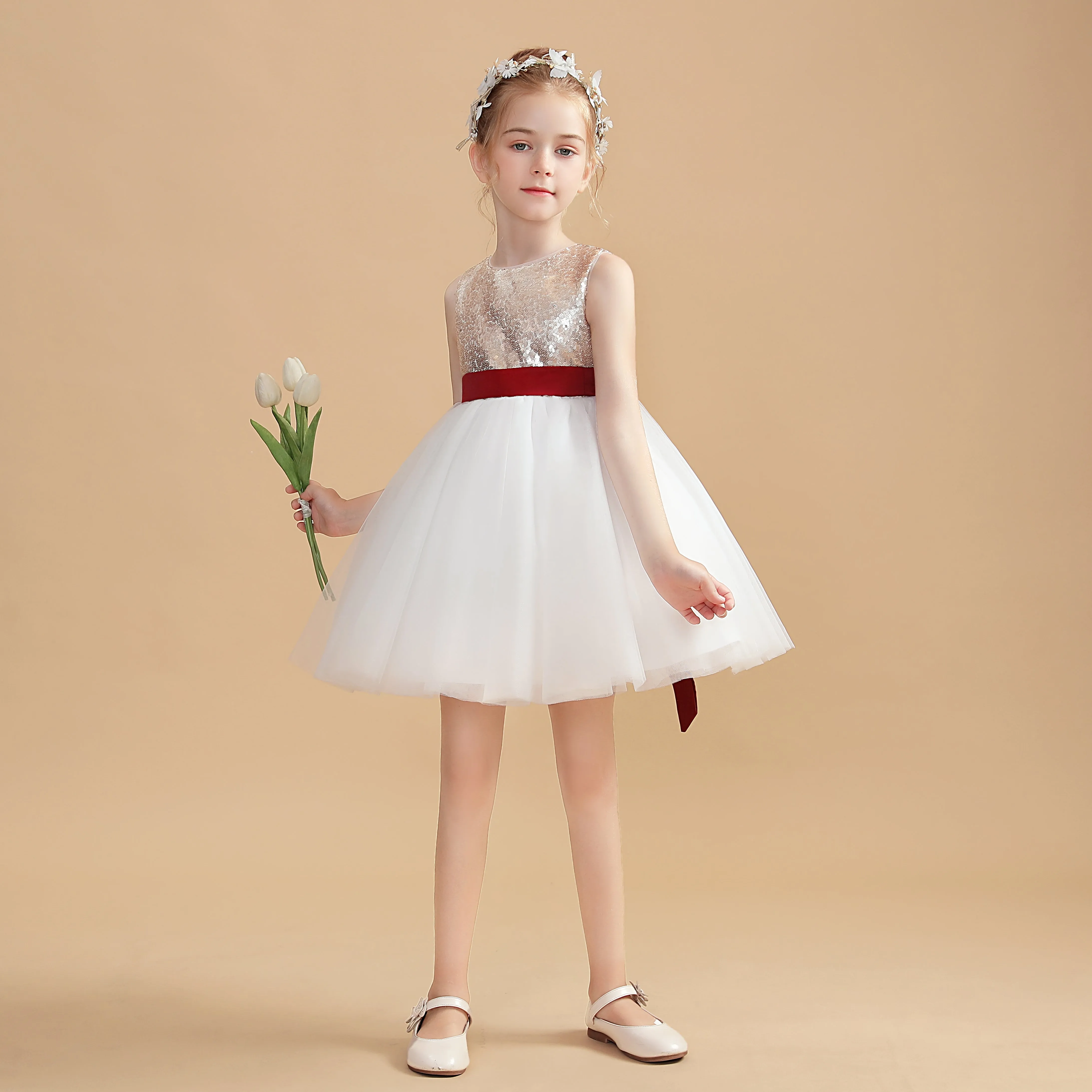 Short Gold Sequins Flower Girl Dresses With White Tulle