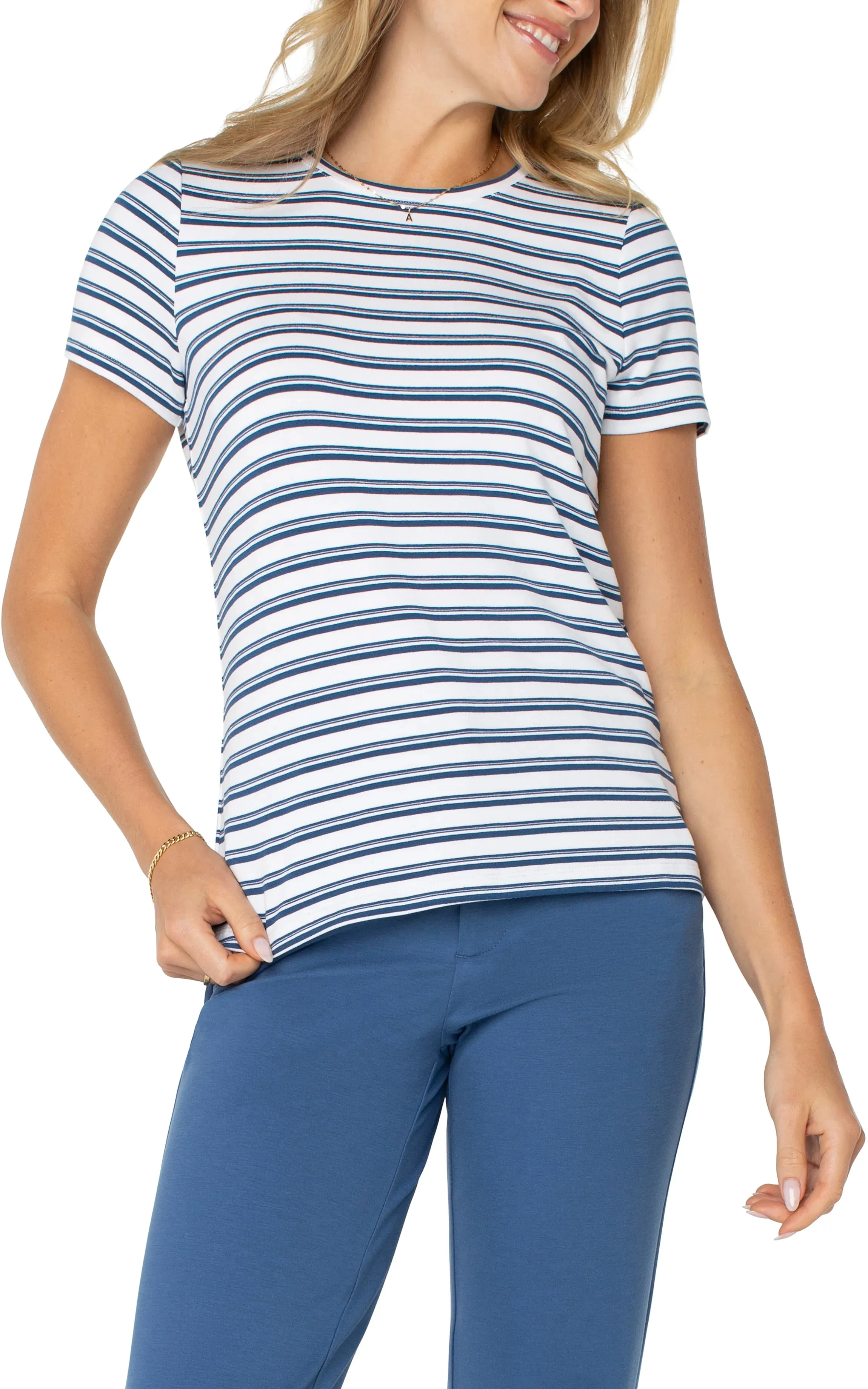 Short Sleeve Crew Neck Classic Knit Tee in White/Indigo Stripe