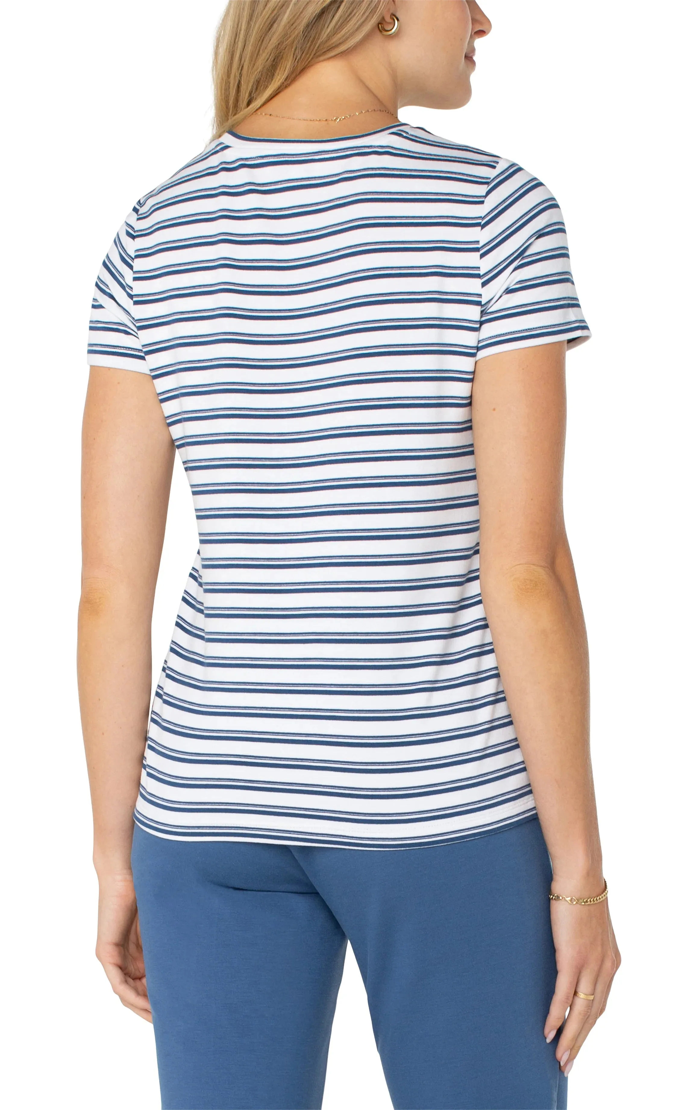 Short Sleeve Crew Neck Classic Knit Tee in White/Indigo Stripe