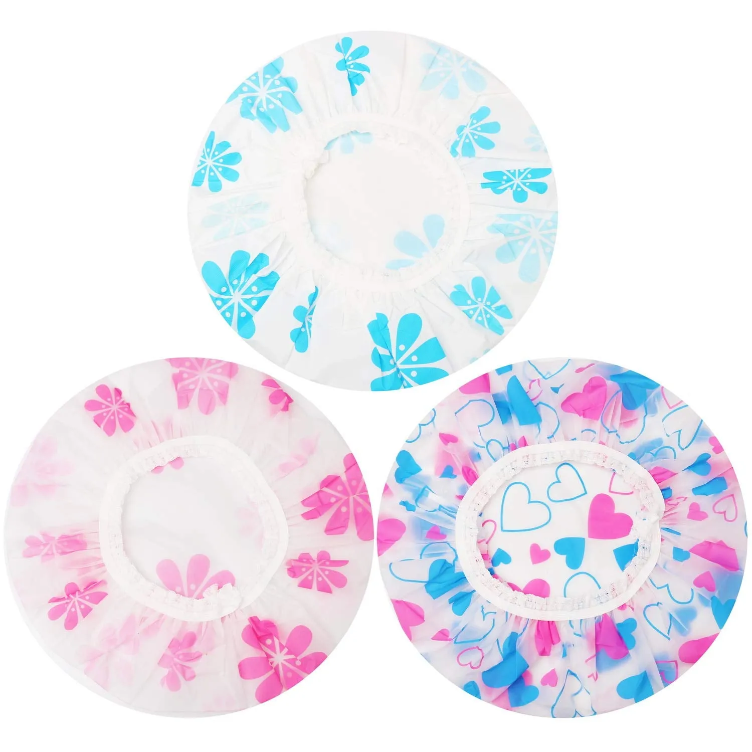 Shower Caps, 3 Pcs Waterproof Bath Caps Plastic Reusable Shower Caps Elastic Band Bath Hair Hat for Women Men Kids