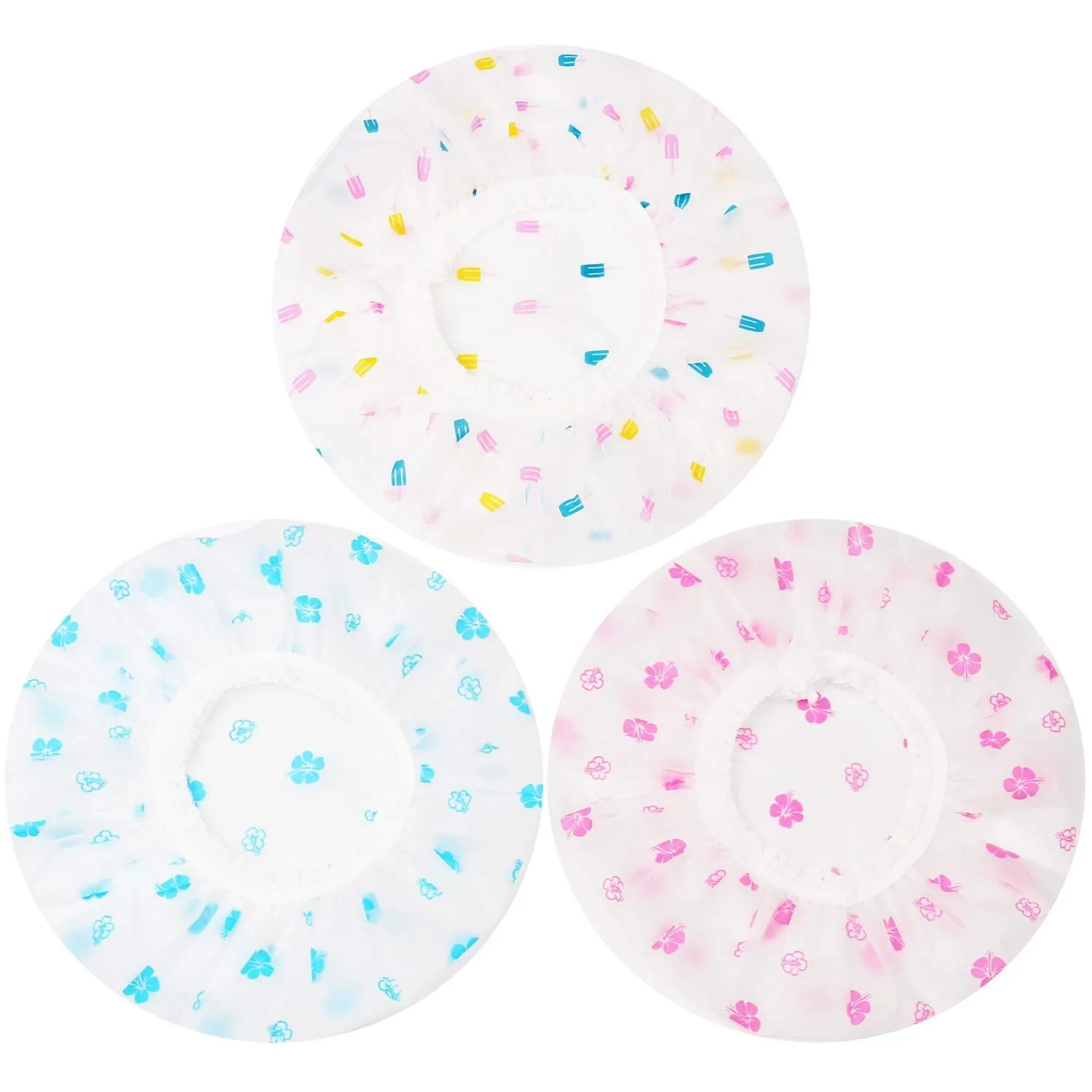 Shower Caps, 3 Pcs Waterproof Bath Caps Plastic Reusable Shower Caps Elastic Band Bath Hair Hat for Women Men Kids