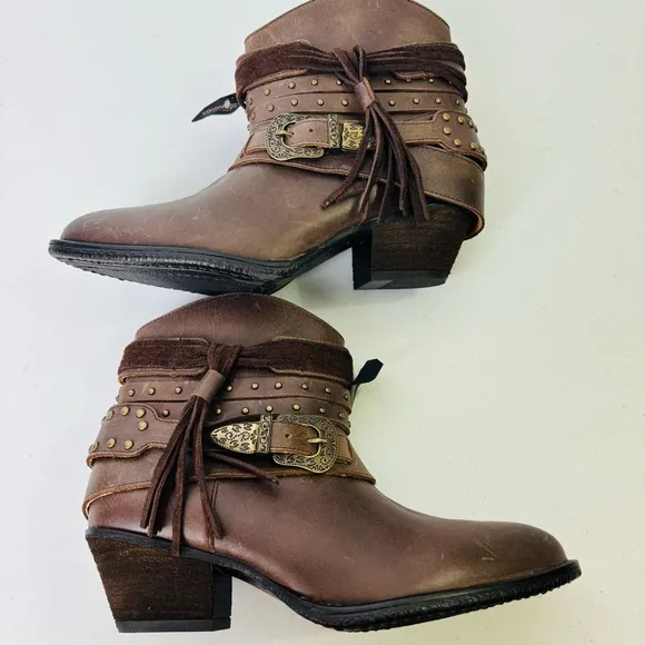 Shyanne Sevilla Brown Leather Western Style Studded Ankle Boots
