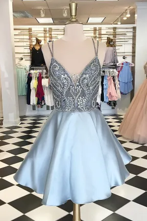 Silver Homecoming Dress with Beading, Straps Short Prom Dress, SH222