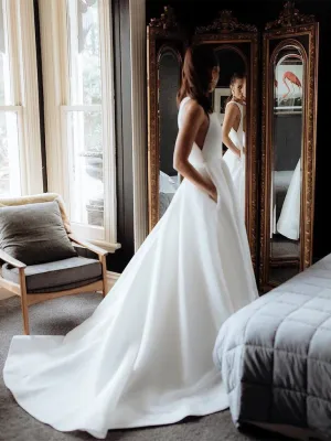Simple Cheap Round Neck Pocket Wedding Dresses With Train, WD0469