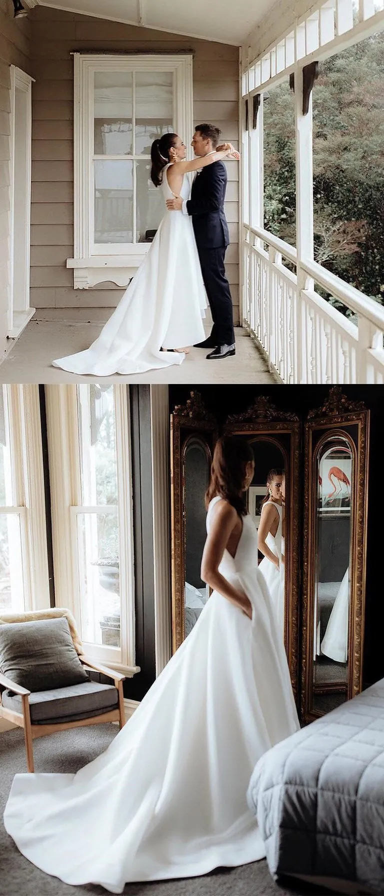 Simple Cheap Round Neck Pocket Wedding Dresses With Train, WD0469