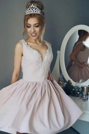 Simple Deep V Neck Short Prom Dress,Appliques Sleeveless Homecoming Dress Party Dress,SH121