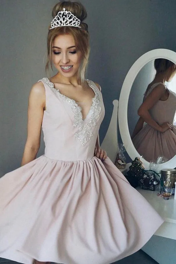 Simple Deep V Neck Short Prom Dress,Appliques Sleeveless Homecoming Dress Party Dress,SH121