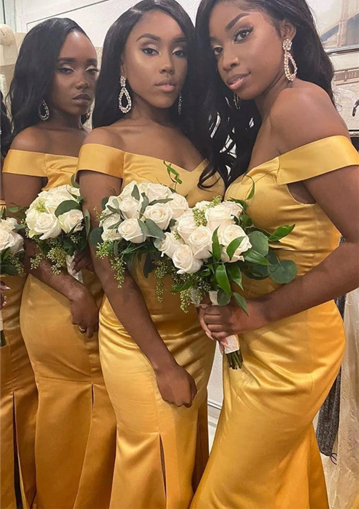 Simple Gold Off the Shoulder Mermaid Long Satin Bridesmaid Dresses with Side Slit, BG406