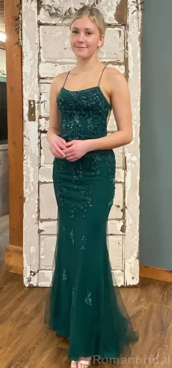 Simple Spaghetti Straps Straight Neck Mermaid Dark Green Long Evening Prom Dress Online, OL140