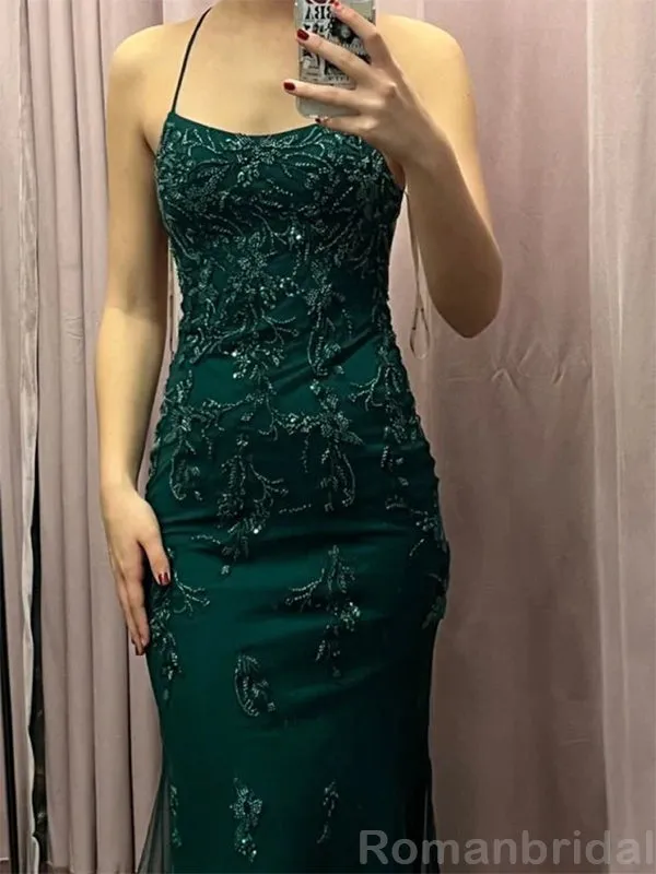 Simple Spaghetti Straps Straight Neck Mermaid Dark Green Long Evening Prom Dress Online, OL140