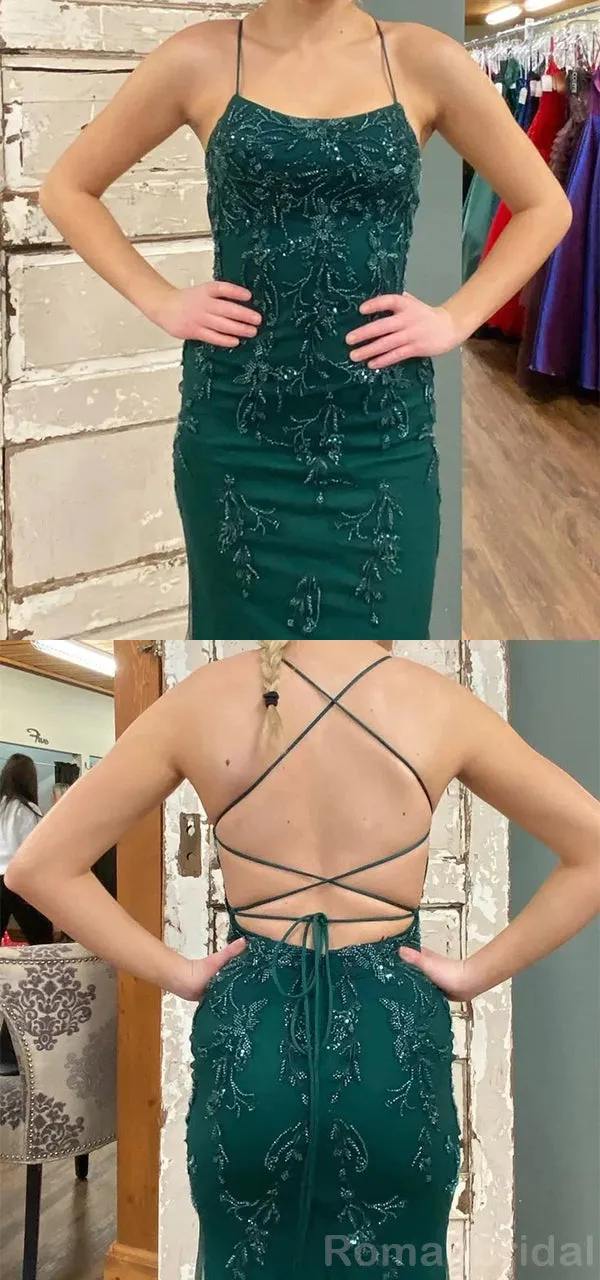 Simple Spaghetti Straps Straight Neck Mermaid Dark Green Long Evening Prom Dress Online, OL140