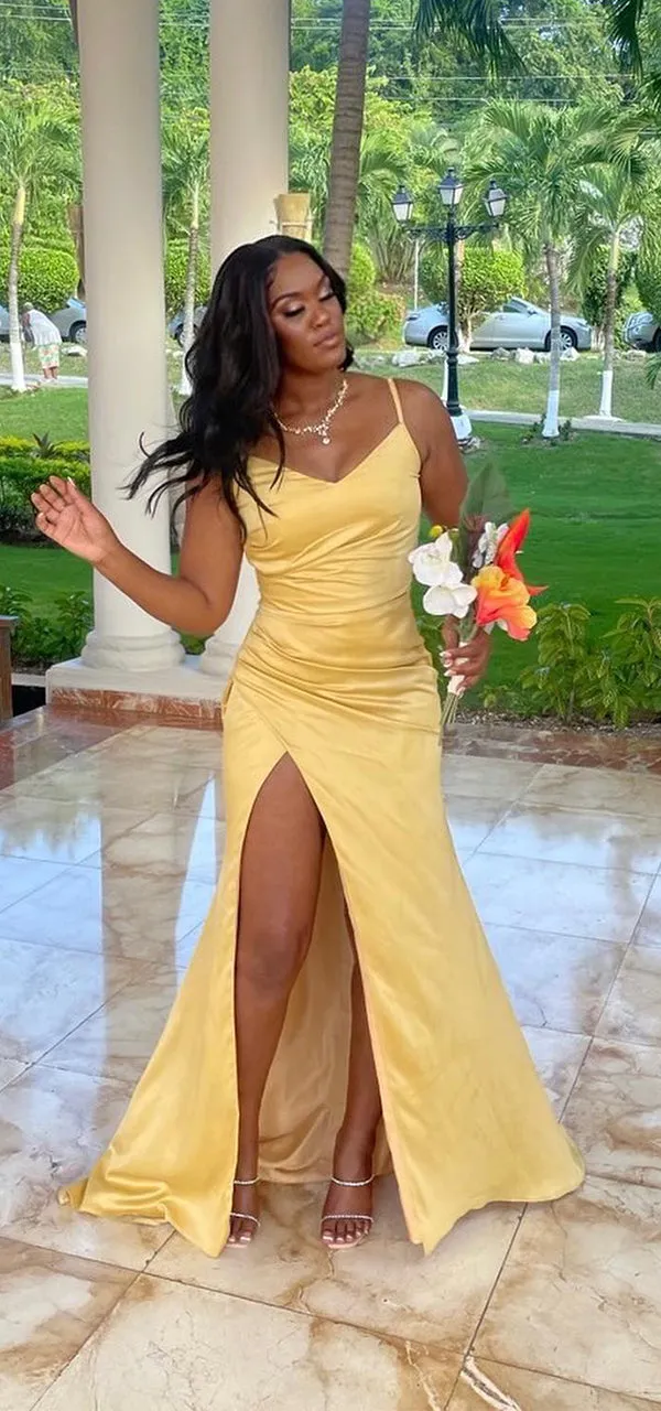 Simple Spaghetti Straps V-neck Side Slit Satin Long Bridesmaid Dresses Online, BG722