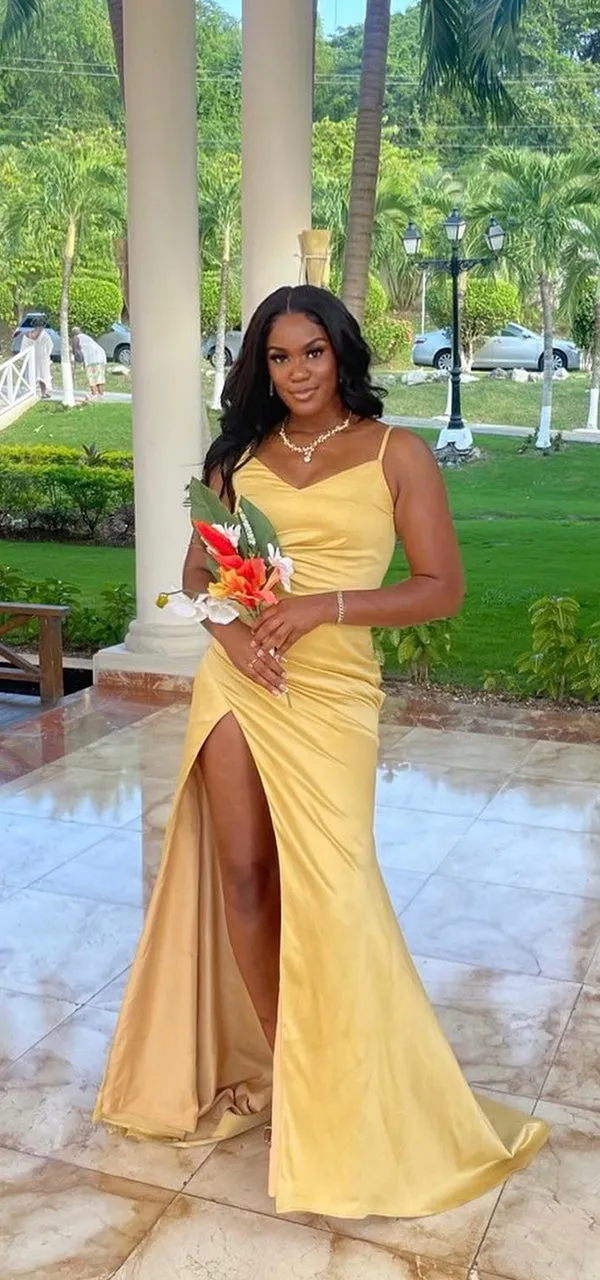 Simple Spaghetti Straps V-neck Side Slit Satin Long Bridesmaid Dresses Online, BG722