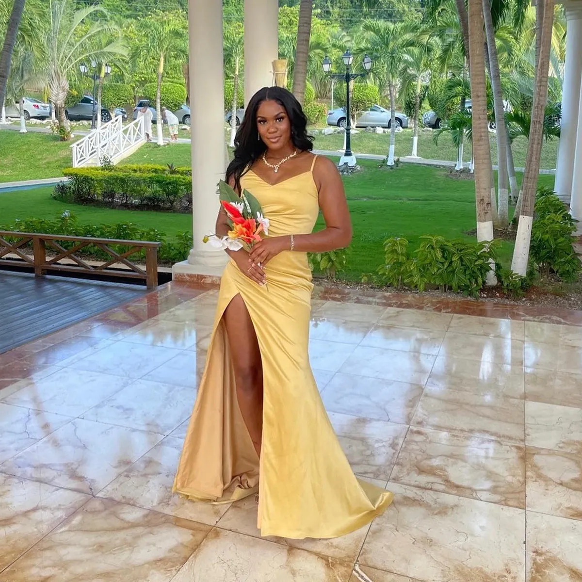 Simple Spaghetti Straps V-neck Side Slit Satin Long Bridesmaid Dresses Online, BG722