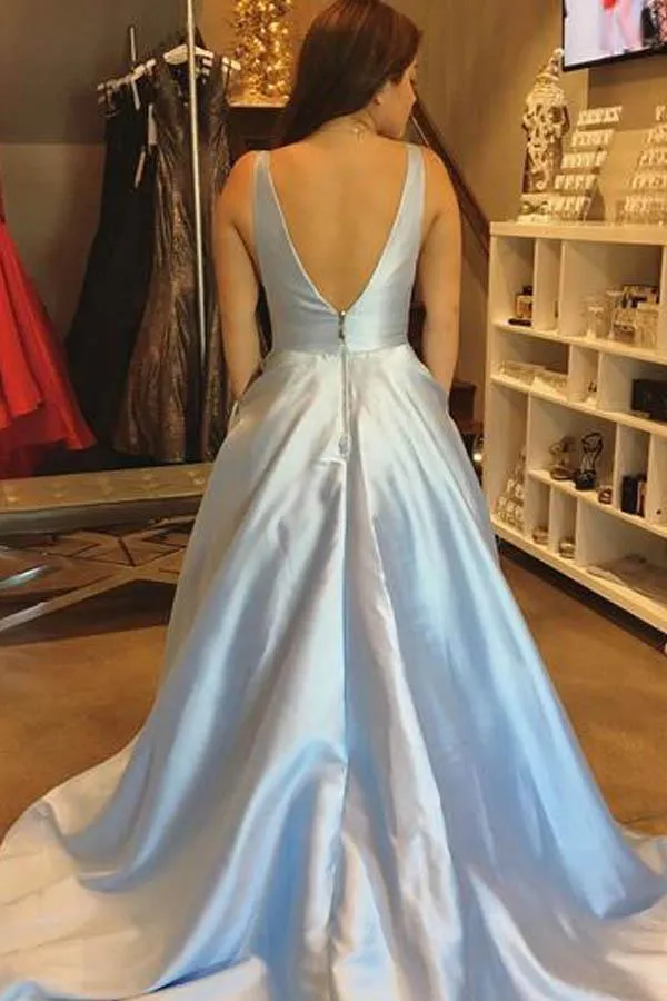 Simple Straps A-line Sweep Train Satin Long Prom Dresses,Evening Party Dress,PDY0369