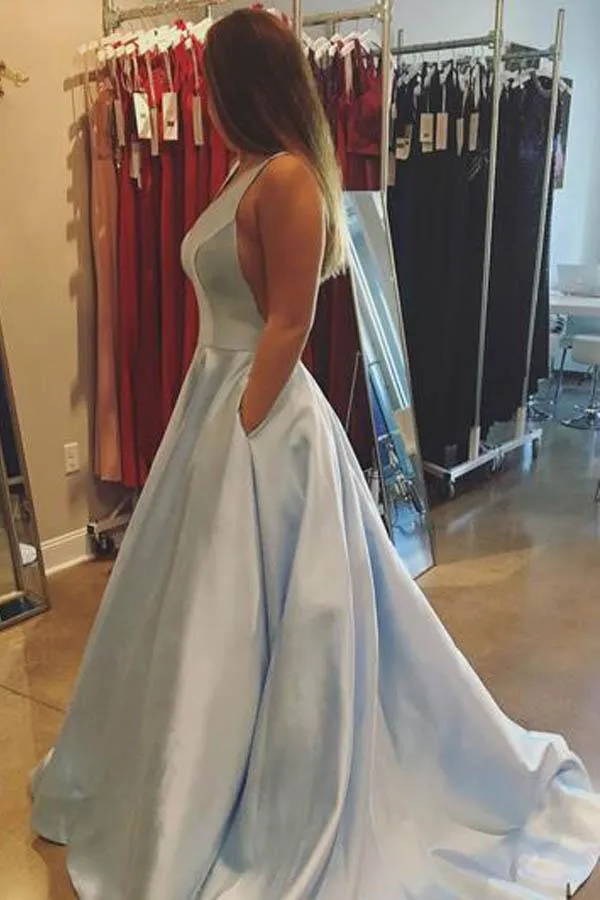 Simple Straps A-line Sweep Train Satin Long Prom Dresses,Evening Party Dress,PDY0369