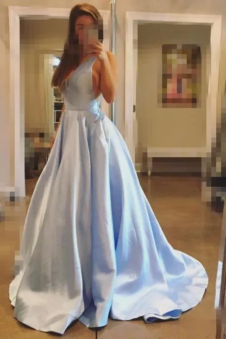 Simple Straps A-line Sweep Train Satin Long Prom Dresses,Evening Party Dress,PDY0369
