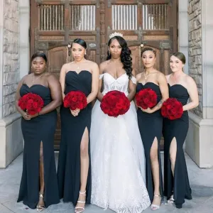 Simple Sweetheart Mermaid Side Slit Black Long Satin Bridesmaid Dresses, BG539