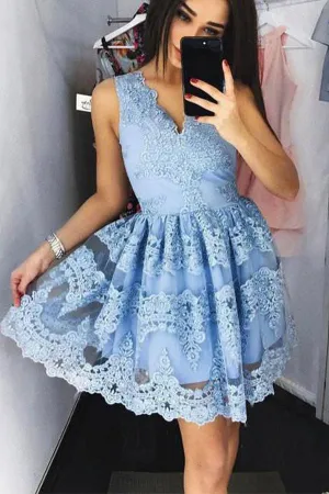 Simple V Neck Short Prom Dress,Lace Appliques Floral Homecoming Dress Party Dress,SH107