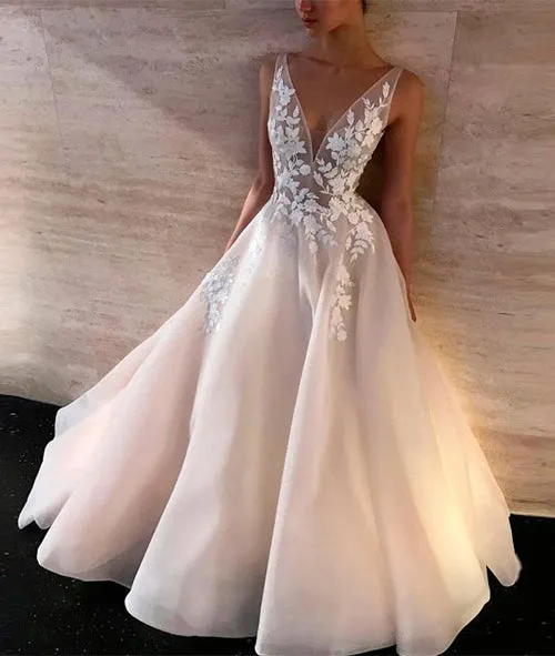 Simple White Lace V-neck A-line Long Wedding Dresses, Bridal Gown, SW234