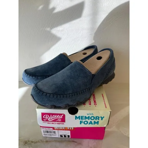 Skechers Womens Navy Suede Bikers Alumni Slip Ons Size 11W Comfort Memory Foam