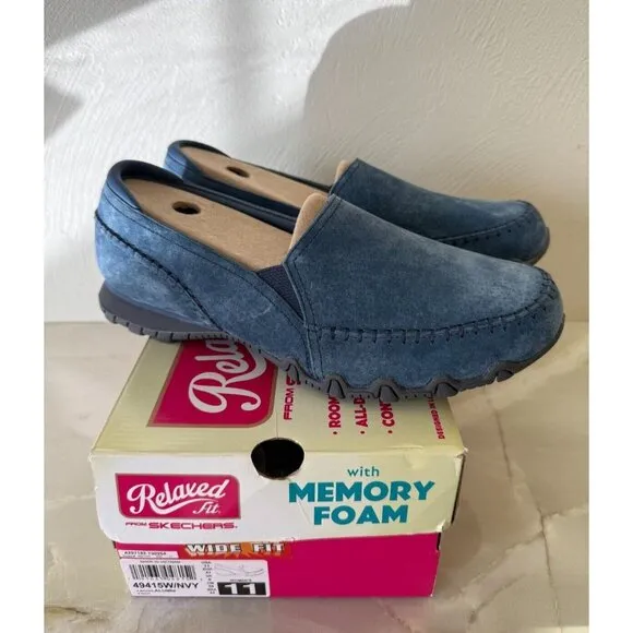 Skechers Womens Navy Suede Bikers Alumni Slip Ons Size 11W Comfort Memory Foam