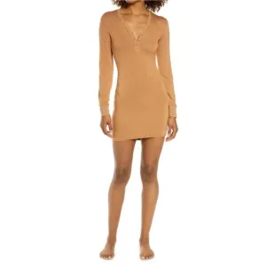 Skims Henley Sleep Dress in Neutral Camel Size Medium