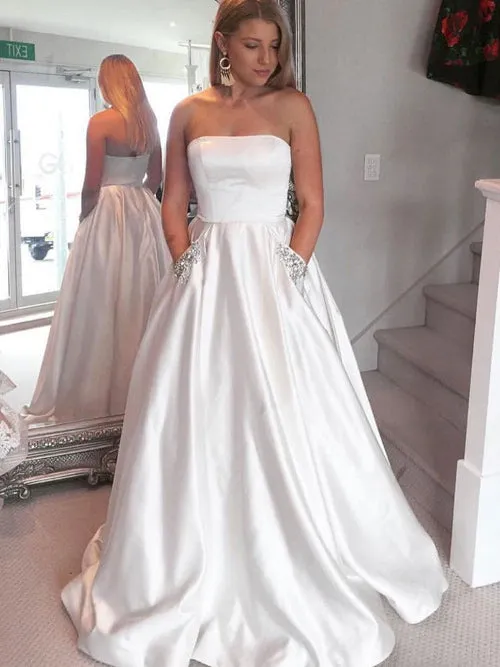 Sky Blue Satin A-line Strapless Long Prom Dresses with Rhinestone Beading, M217