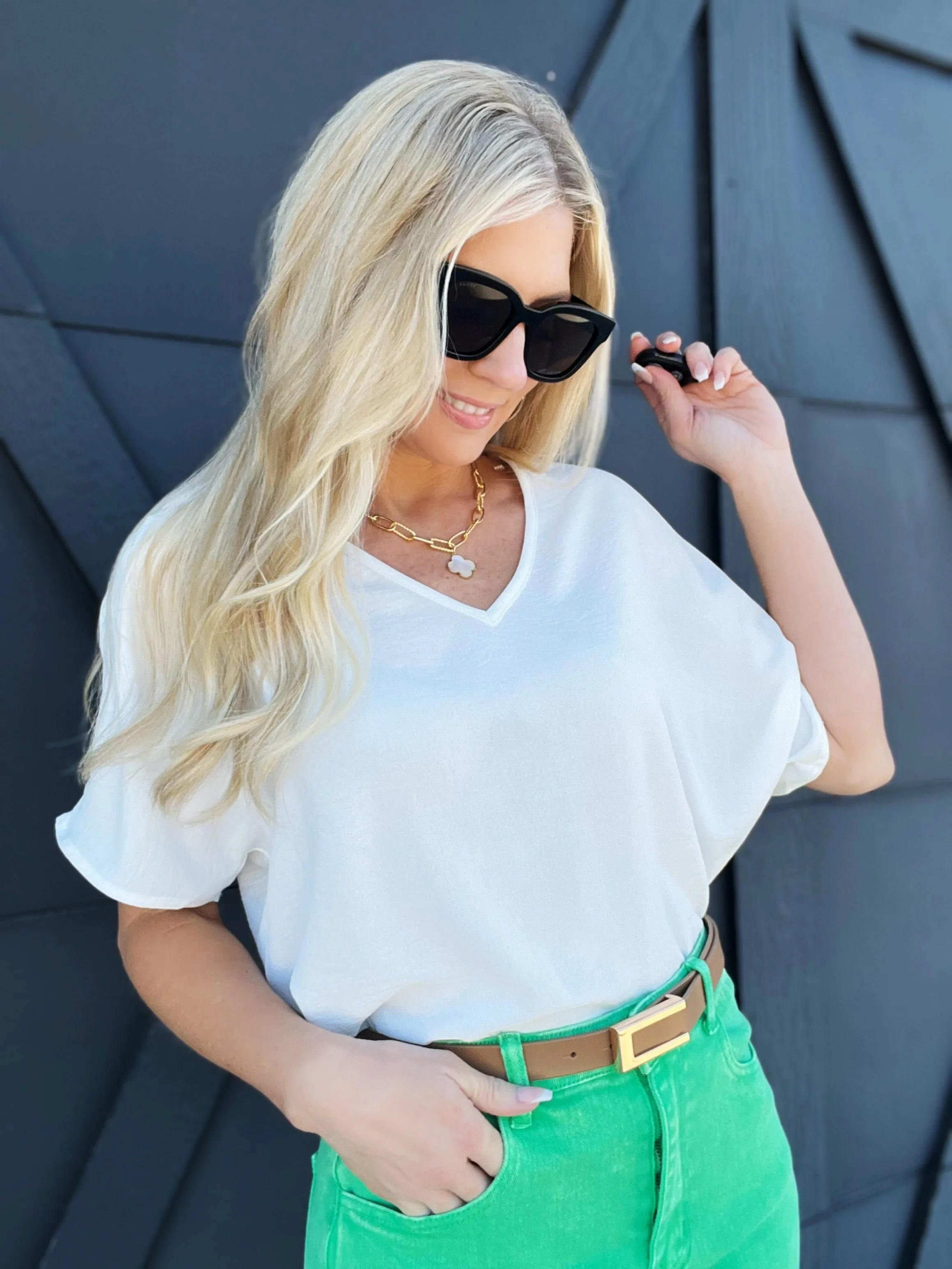 Solid V-Neck Tunic- Off White