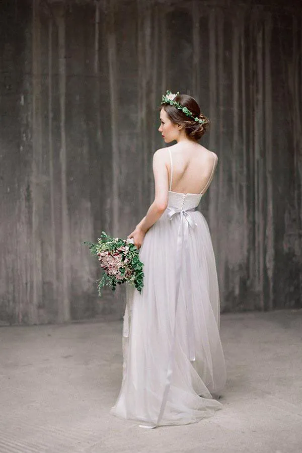 Spaghetti Straps Backless Grey Tulle Long Wedding Dresses With Lace Appliques OK531