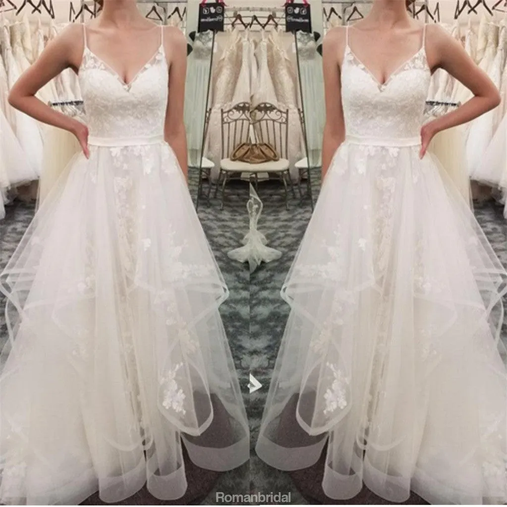 Spaghetti Straps Lace Appliques Organza Cheap Wedding Dresses, WD0425
