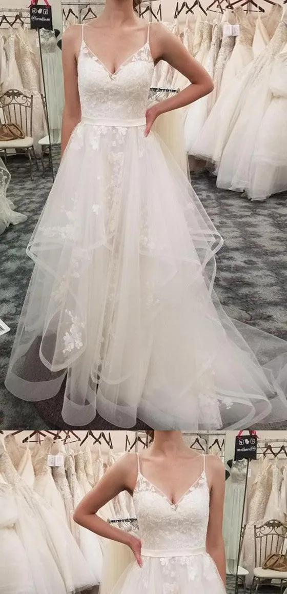 Spaghetti Straps Lace Appliques Organza Cheap Wedding Dresses, WD0425