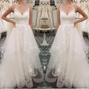 Spaghetti Straps Lace Appliques Organza Cheap Wedding Dresses, WD0425