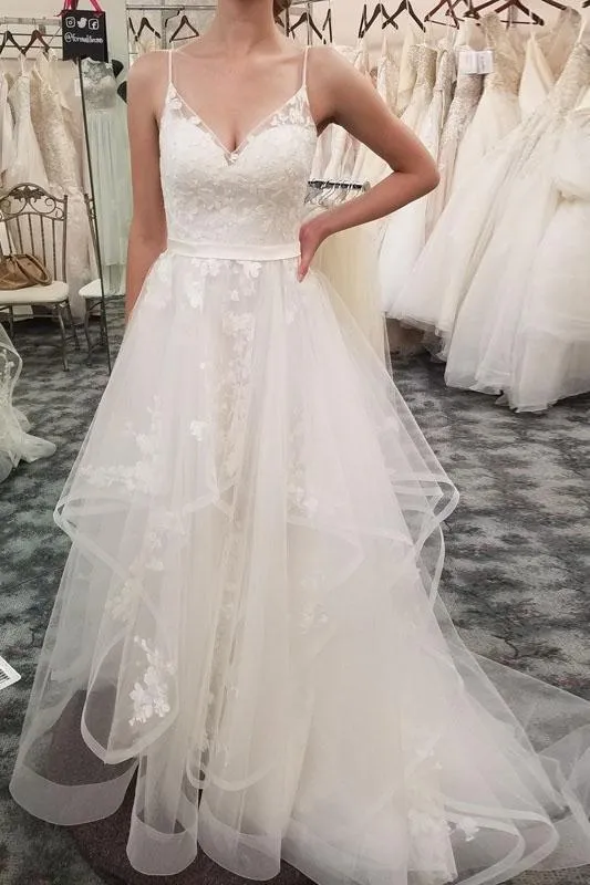 Spaghetti Straps Lace Appliques Organza Cheap Wedding Dresses, WD0425