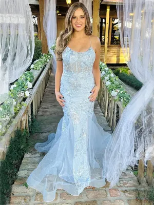Spaghetti Straps Mermaid Tulle Long Evening Prom Dress Online, OL039