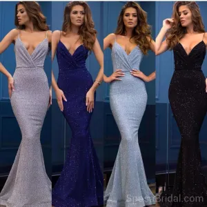 Spaghetti Straps Mermaid V -Neck Custom Long Elegant Sequin Fashion Prom Dresses, PD1214