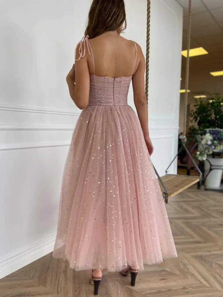 Spaghetti Straps Sequins Pink Tea Length Prom Dresses Shiny Sequins Pink Homecoming Dresses OK1432
