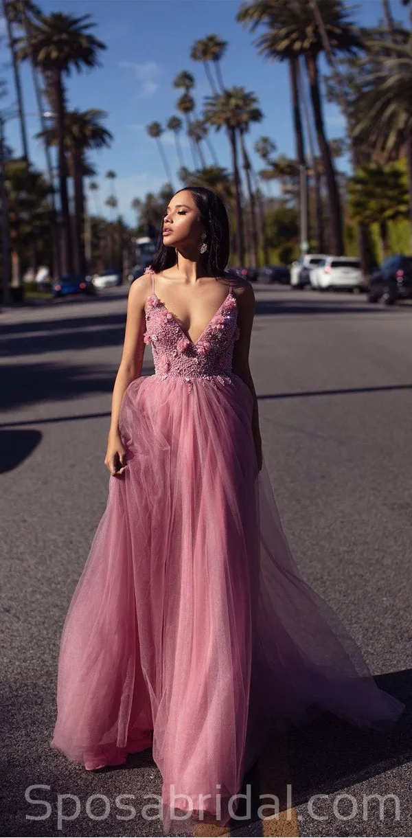 Spaghetti Straps V-Neck A -line Tulle Modest Fashion Prom Dresses, Long prom dress, PD1374