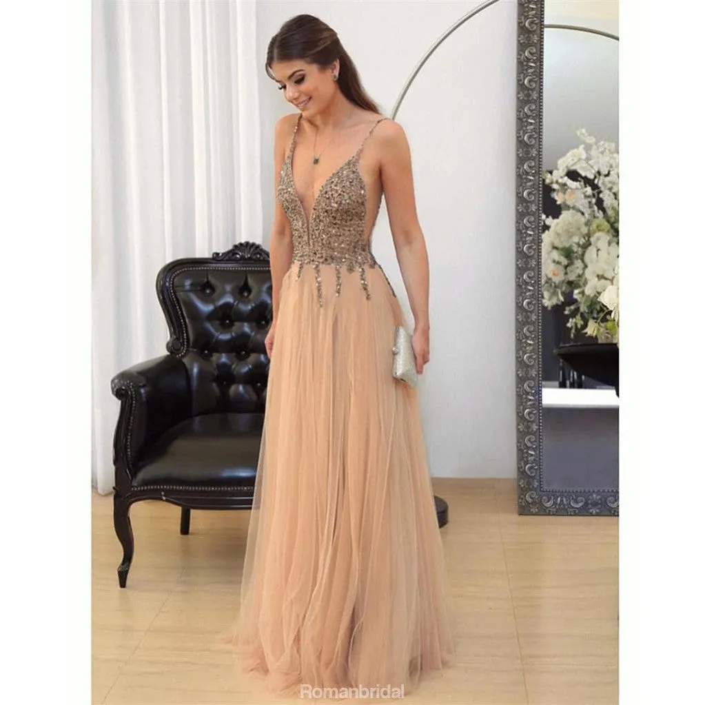 Spaghetti Straps V-neck Beading Tulle Prom Dresses, PD0665