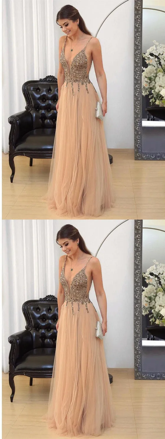Spaghetti Straps V-neck Beading Tulle Prom Dresses, PD0665