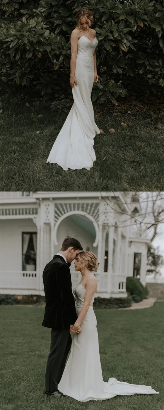 Spaghetti Straps V-neck Lace Top Cheap Wedding Dresses With Train, WD0437