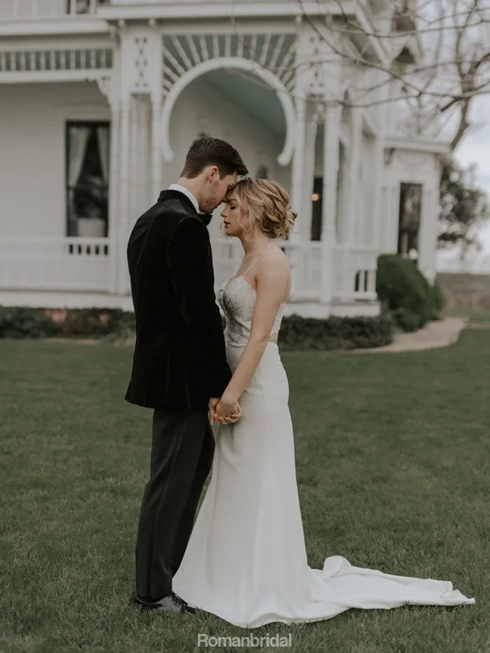 Spaghetti Straps V-neck Lace Top Cheap Wedding Dresses With Train, WD0437
