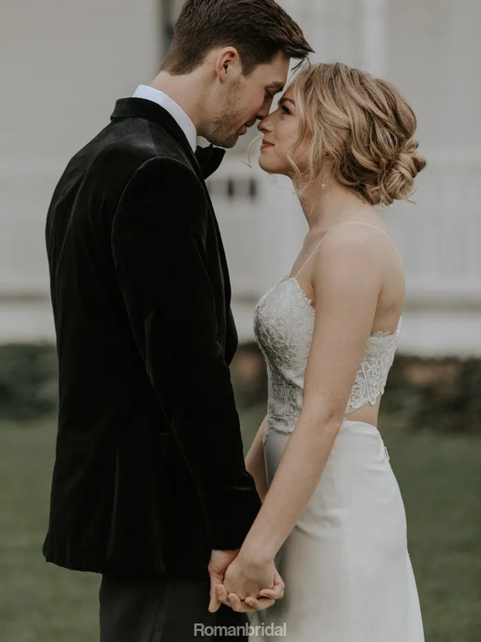 Spaghetti Straps V-neck Lace Top Cheap Wedding Dresses With Train, WD0437