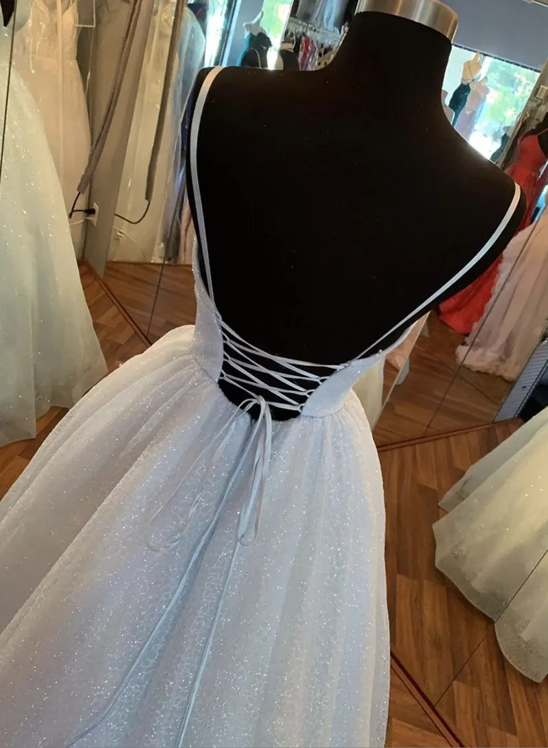 Spaghetti Straps V-neck Lace-up Back Backless Long Sparkly Prom Dresses, PD0831