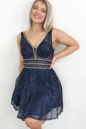 Sparkling A Line V Neck Sequins Navy Blue Homecoming Dress With Beads OK1016